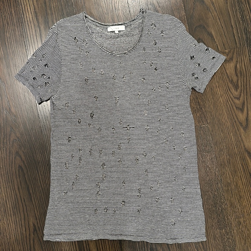 IRO Factory Distressed Striped Linen Knit T-Shirt Top L